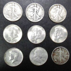Lot of 9 American 90% silver half dollar coins Franklin Kennedy Walking Liberty