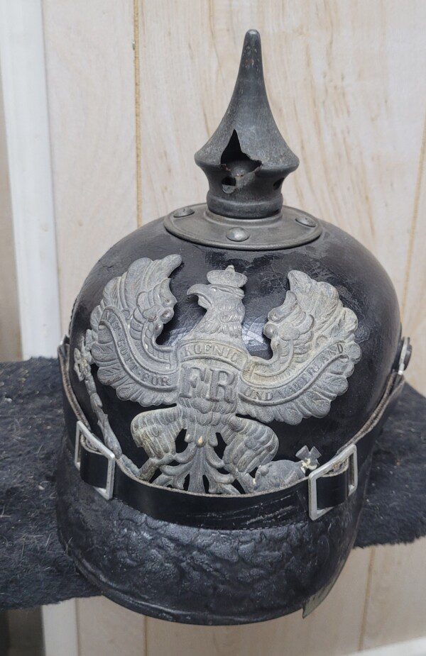 WWI German Prussian line infantry Pickelhaub spike helmet M1915, BULLET STRUCK!