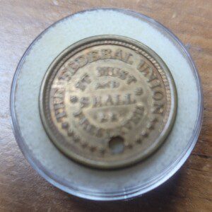Lot of THREE Civil War patriotic trade tokens, non-dug, as found in a cap pouch!