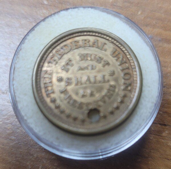 Lot of THREE Civil War patriotic trade tokens, non-dug, as found in a cap pouch!