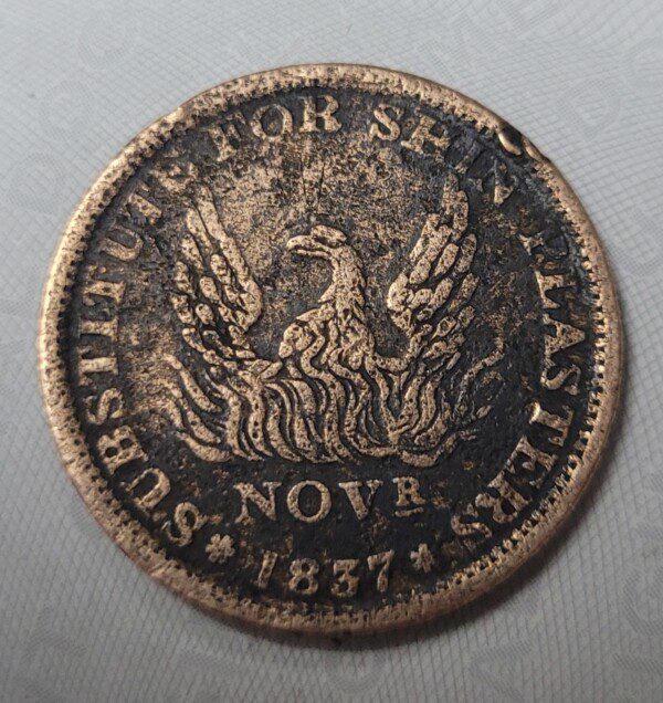 RARE American Hard Times large cent token 1837 with Phoenix motif from a Civil War Confederate camp!