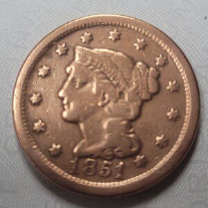 US coin, large cent dated 1851 found in a Confederate camp Fredericksburg, Virginia