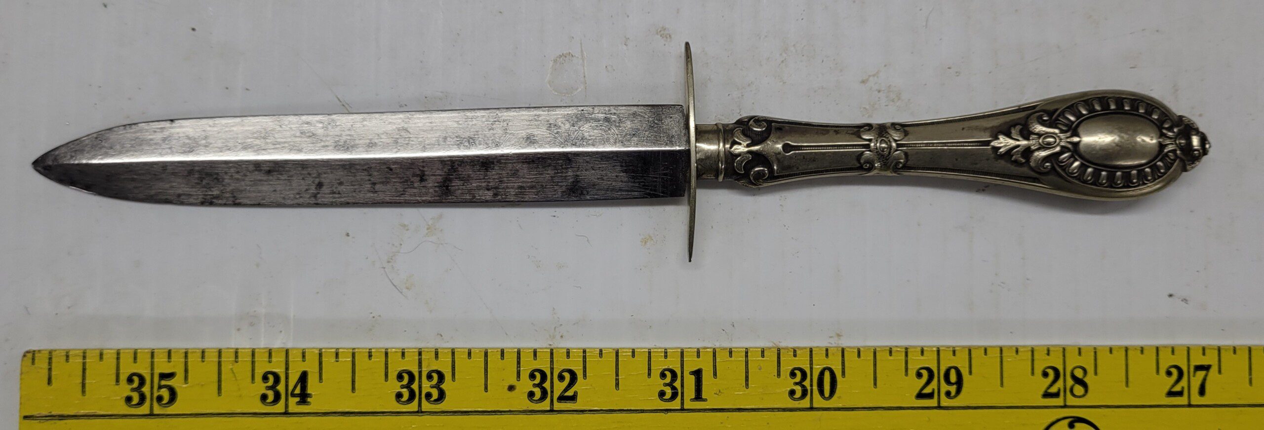 Fine etched blade English Sheffield spear point dagger with silver grip